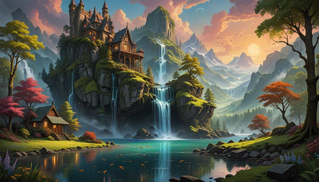 Hidden Waterfall Landscape at Twilight in Fantasy Style