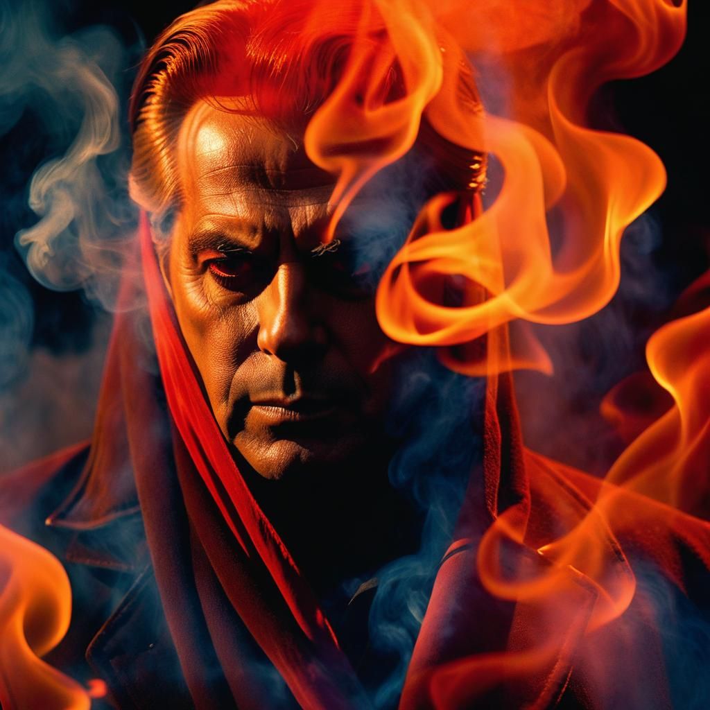 Masculine Face Surrounded by Flames and Smoke