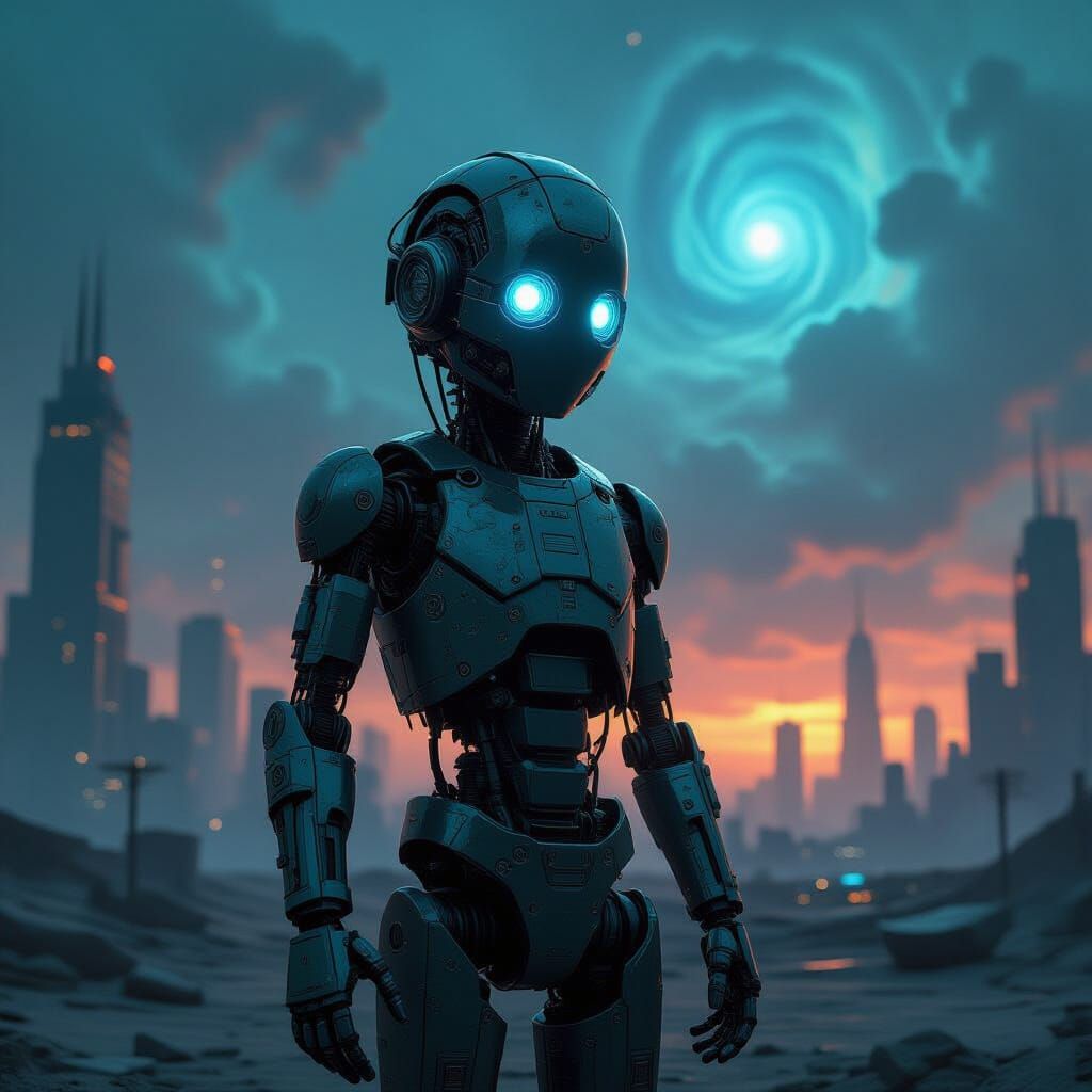 Robot in Ruined Cityscape, Hyperrealistic Style