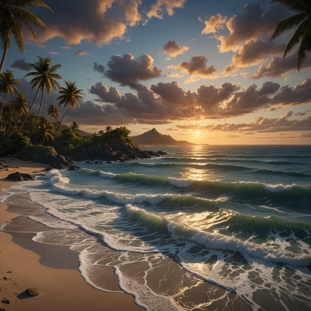 Vibrant Sunset Beach Scene with Coastal Wave Action