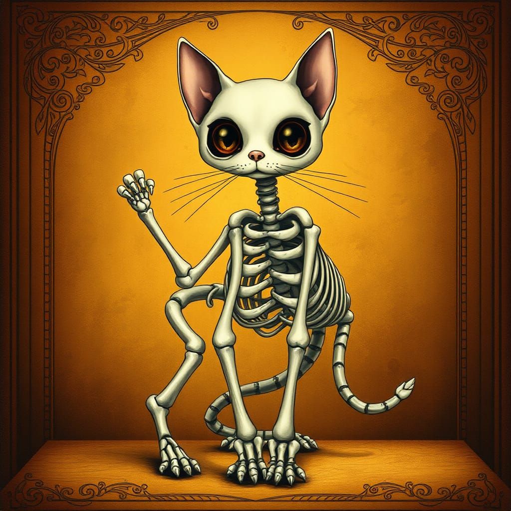 Whimsical Cat Skeleton in Art Nouveau Style