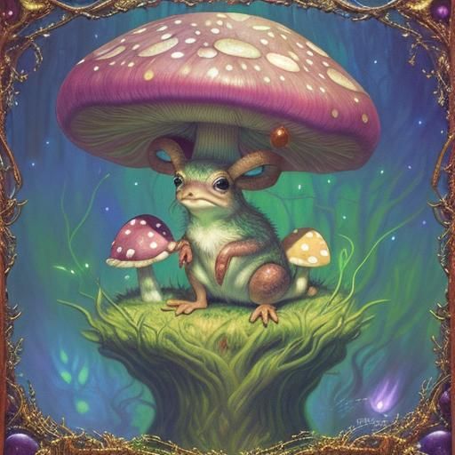 Chibi Toad in Neon Forest, Hyperrealistic Oil Painting