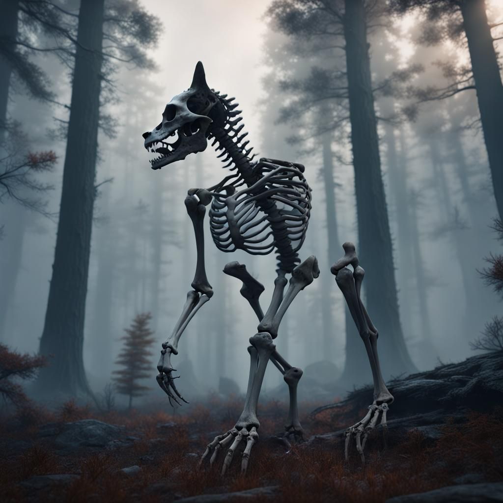 Ghostly Wolf Skeleton in Foggy Forest, Detailed Matte Painti...