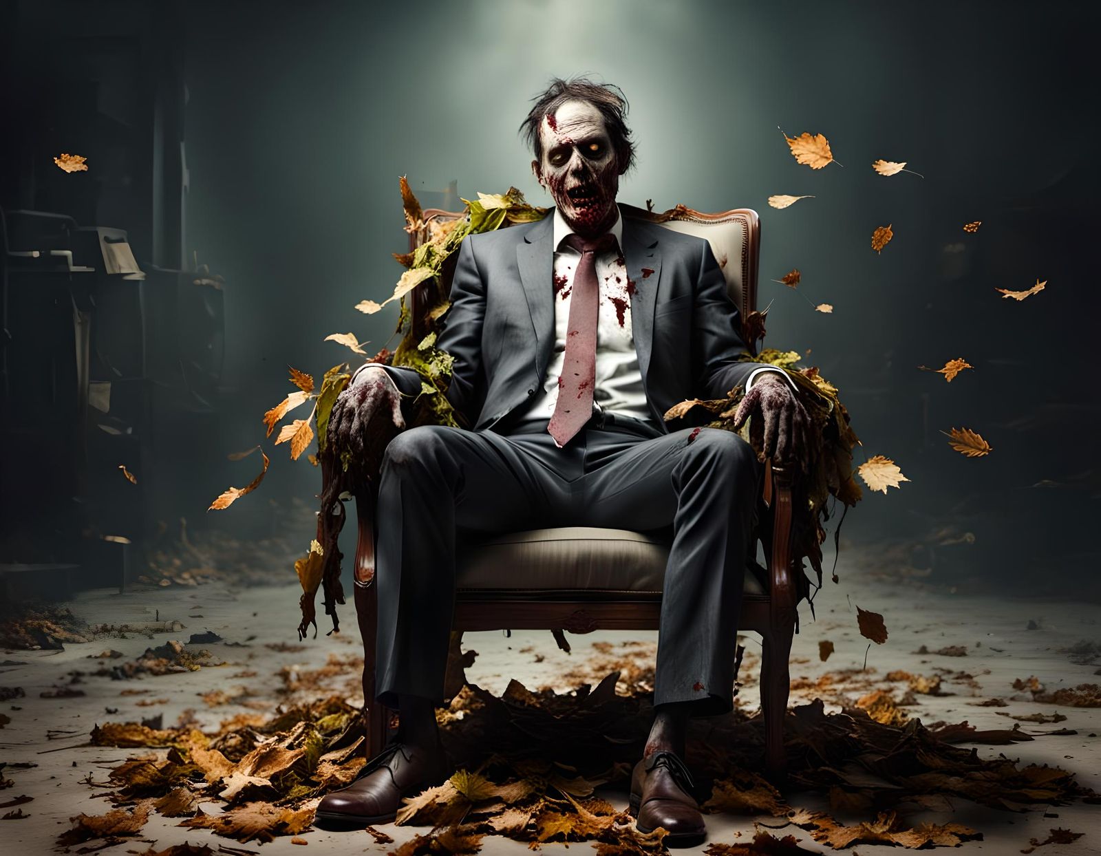 Decaying Zombie Businessman in Autumn Setting