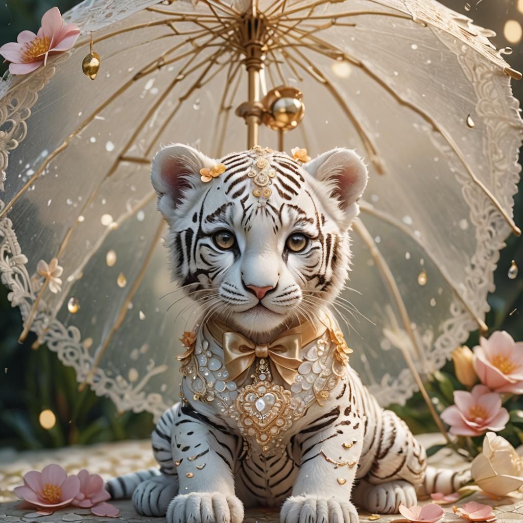 Baby White Tigress Under Lace Umbrella