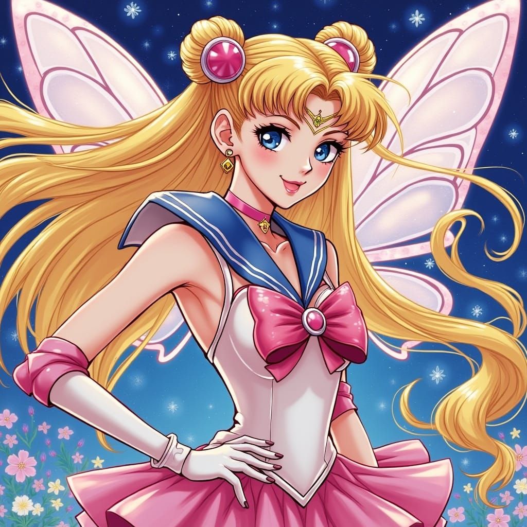 Heroic Sailor Moon as a Whimsical Fairy in a Vibrant Garden