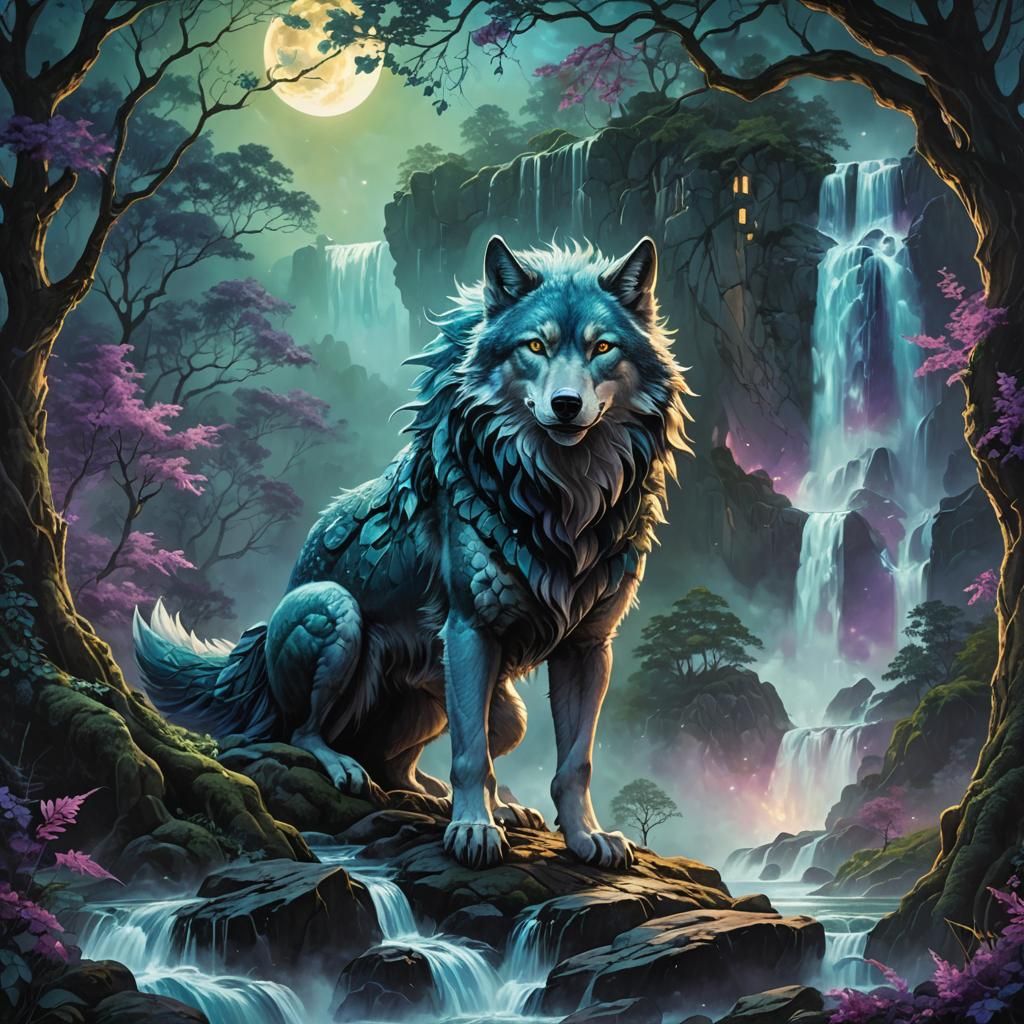 Wolf Dragon in Moonlit Woods: Fantasy Concept Art