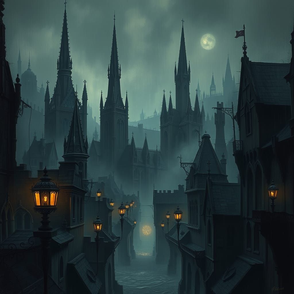 Gothic Cityscape in Dark, Mysterious Twilight