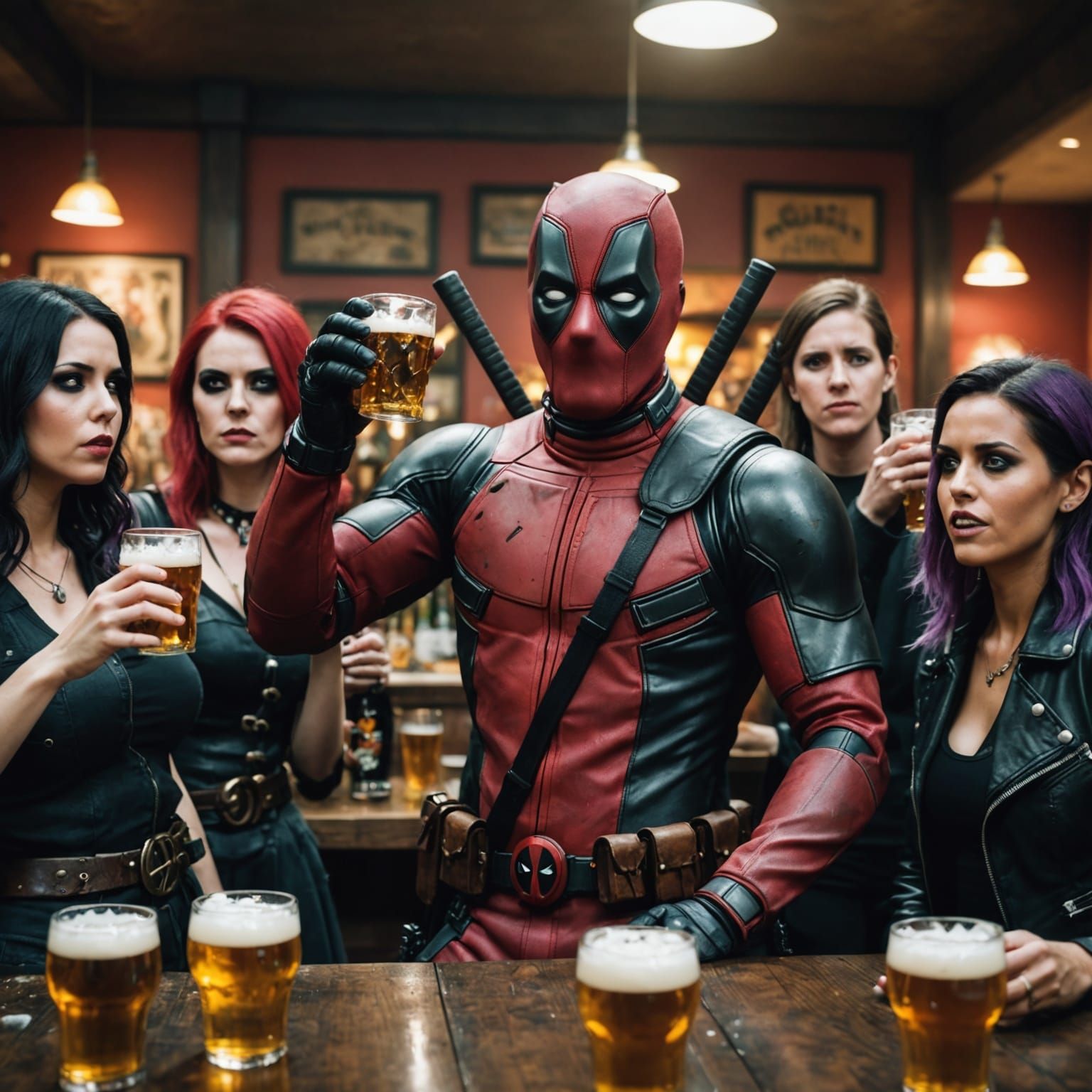 Deadpool with Goth Girls in Cinematic Style