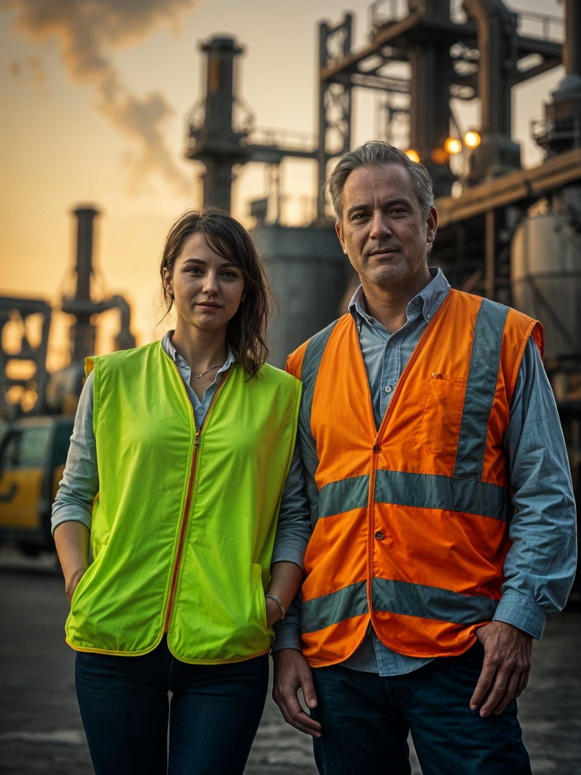 Photorealistic Portrait Outside Factory in Neon Vests
