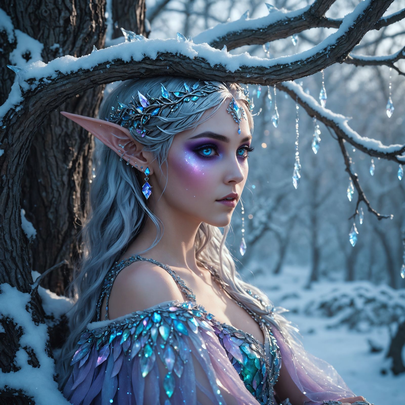 Ethereal Winter Elf Queen with Pastel Jewels and Iridescent ...