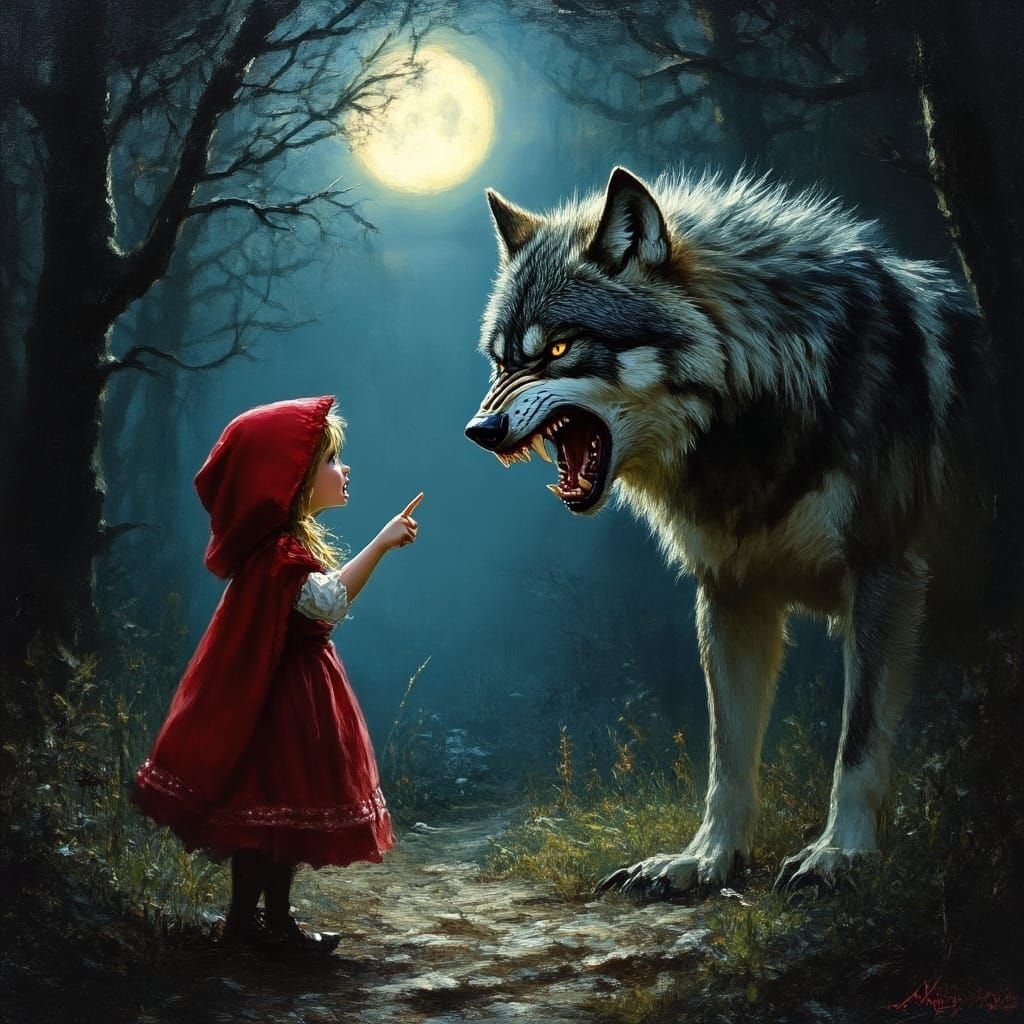 Wolf Confronted by Little Red Riding Hood in Dark Forest