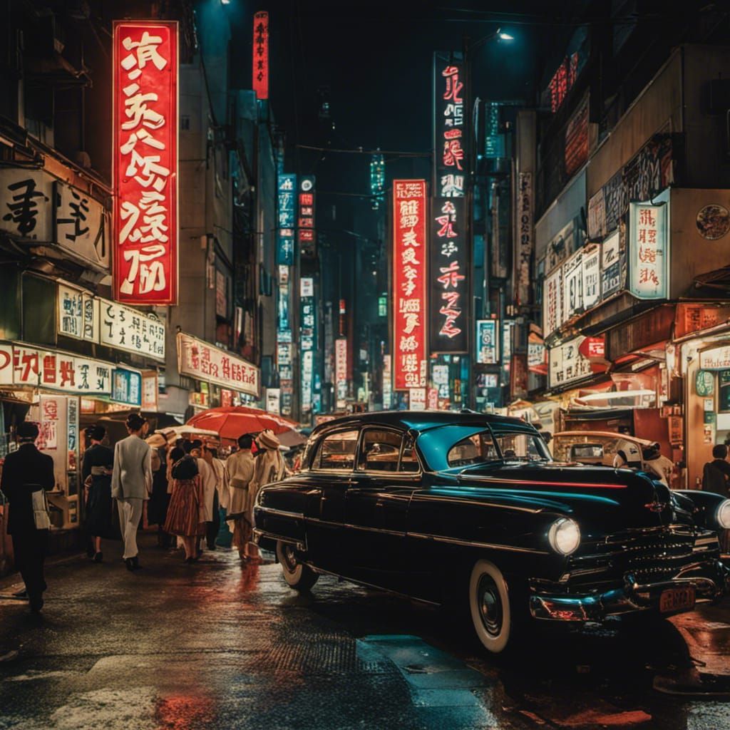 Cyberpunk 1950s Tokyo Nightlife Scene
