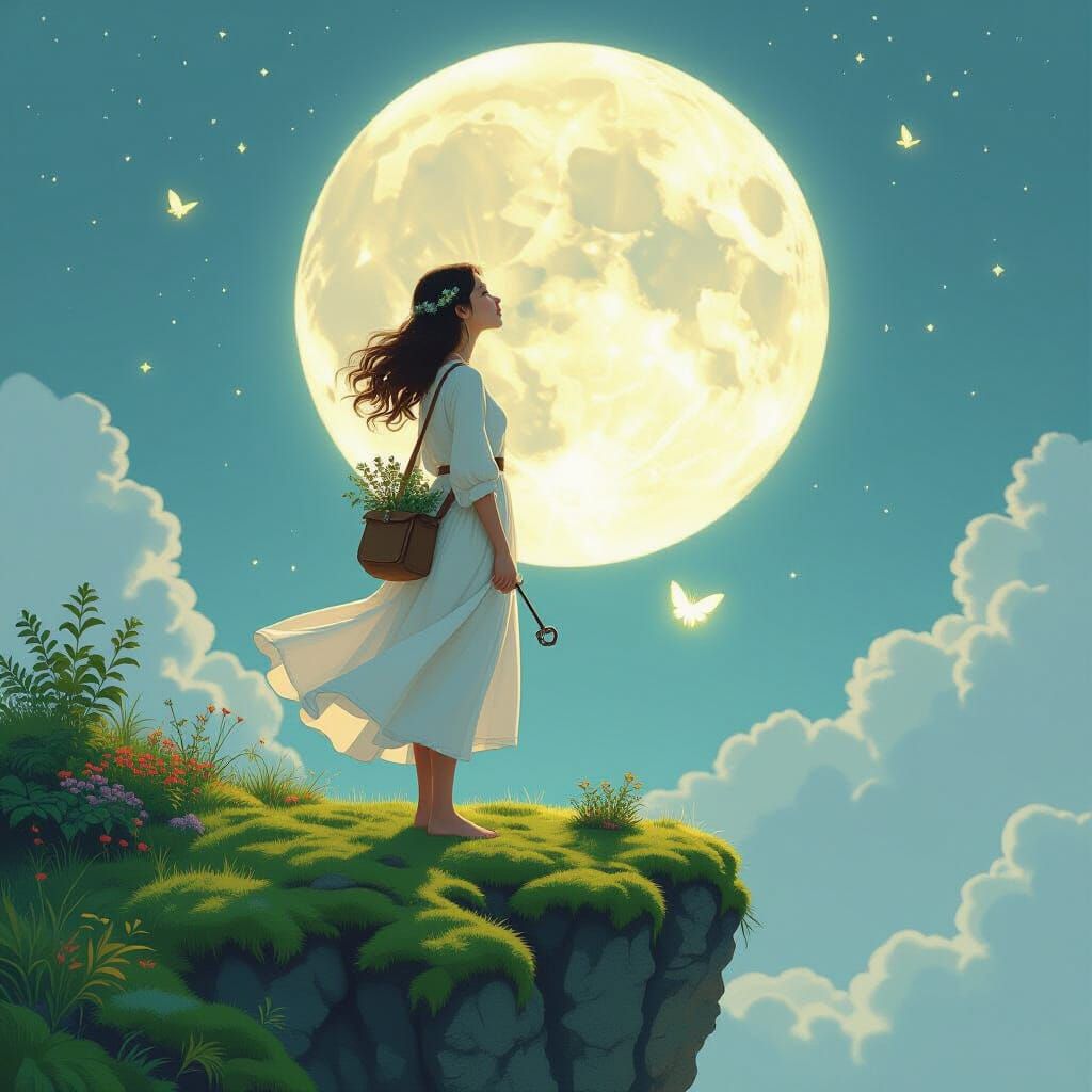 Ethereal Woman with Moth and Moon Phases