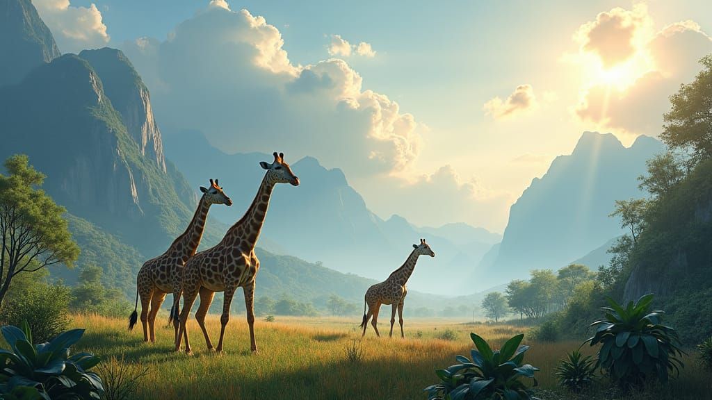 Giraffes in Jungle with Misty Mountains