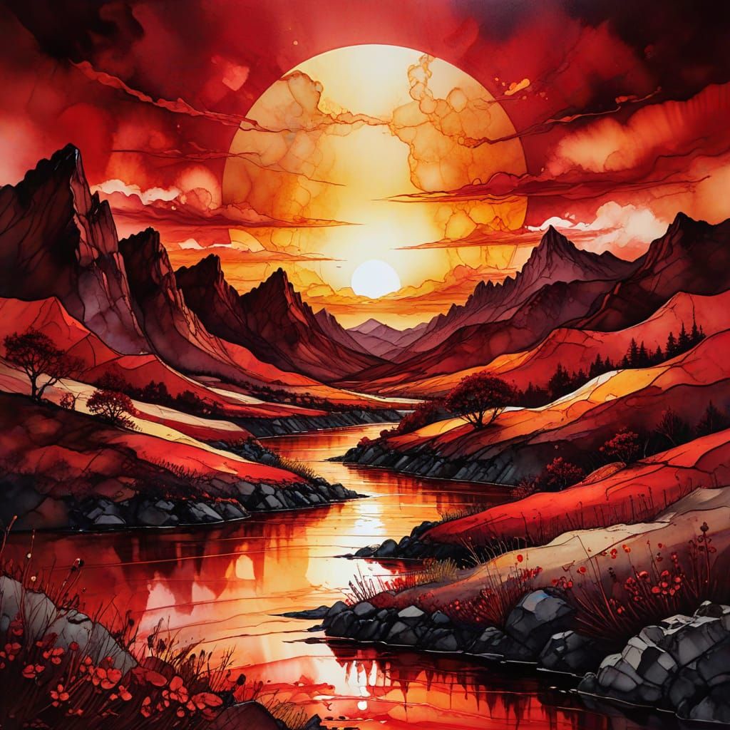 Monotone Alcohol Ink Sunset Landscape Painting