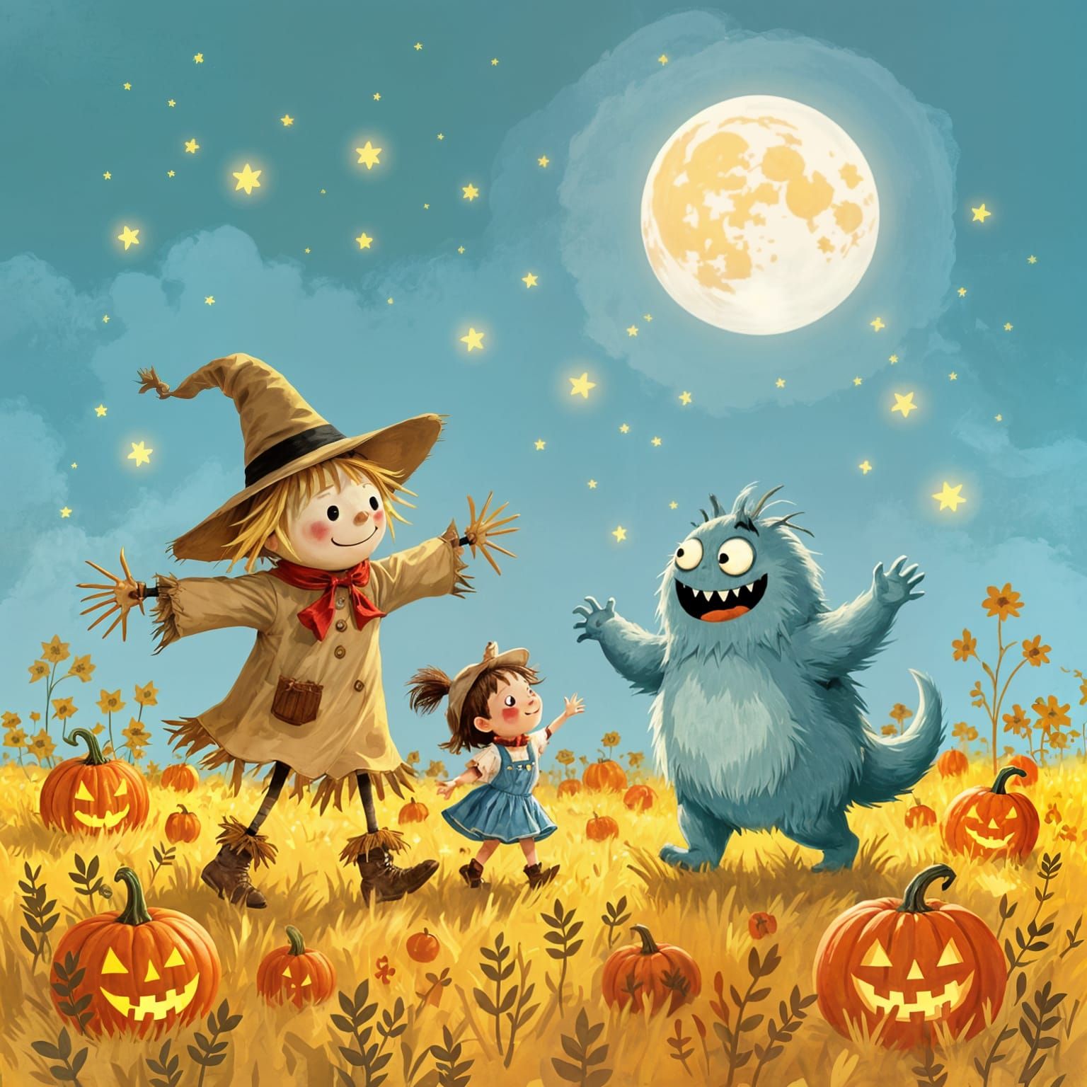 Whimsical Scarecrows Dance With Monsters in Moonlit Field