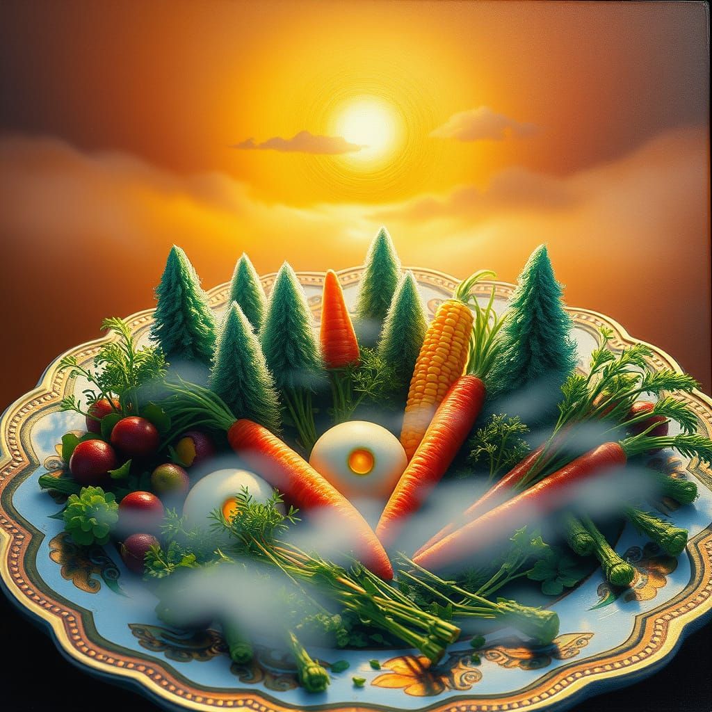 Whimsical Vegetable Forest Still Life in Oil