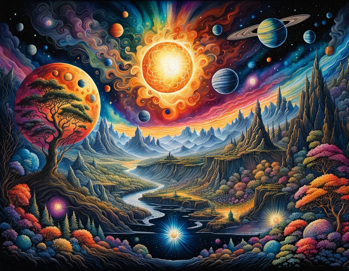 Vibrant Watercolor Universe with Stars and Planets