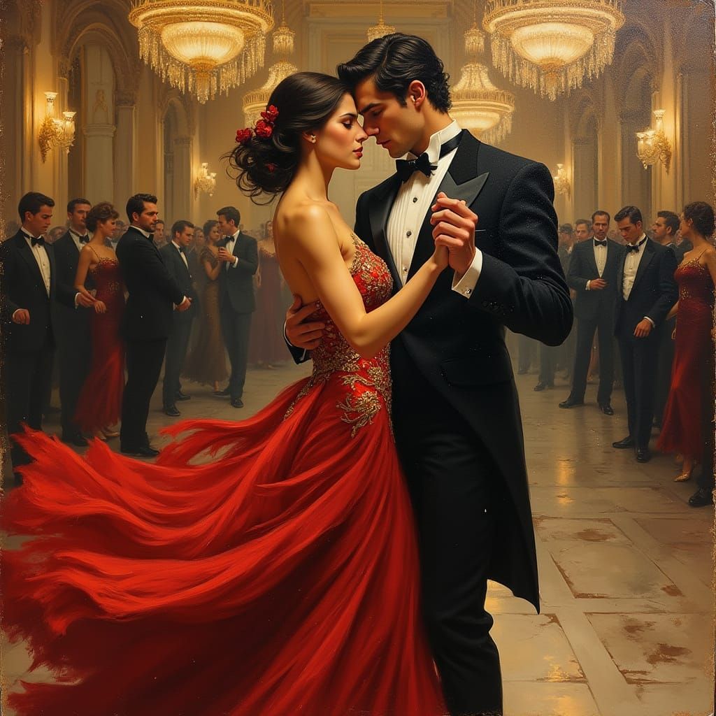 Tango Dance in Opulent Ballroom with Impasto Brushstrokes