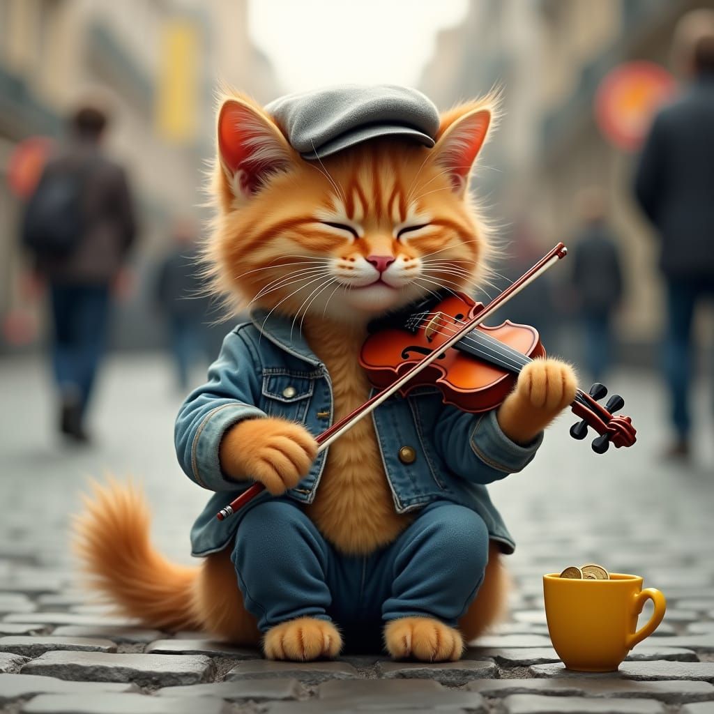 Surreal Illustration of a Feline Musician in Denim Attire