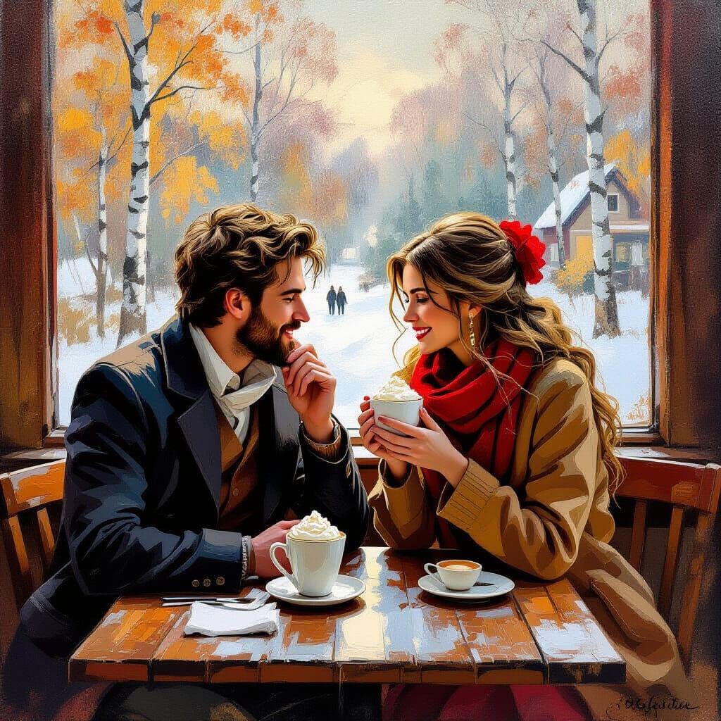 Romantic Autumn Cafe Scene in Neo-Impressionist Style