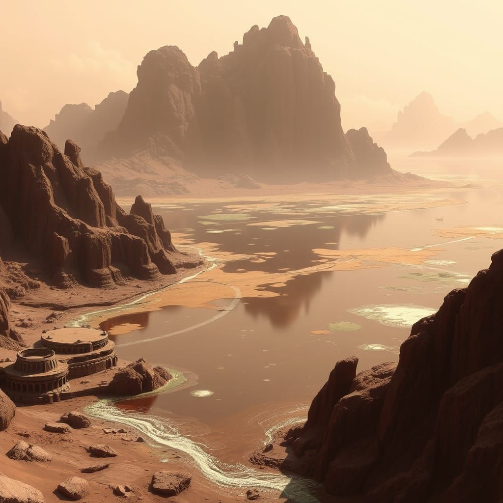 Stagnant Ebon Sea on Contaminated Geonosis Landscape