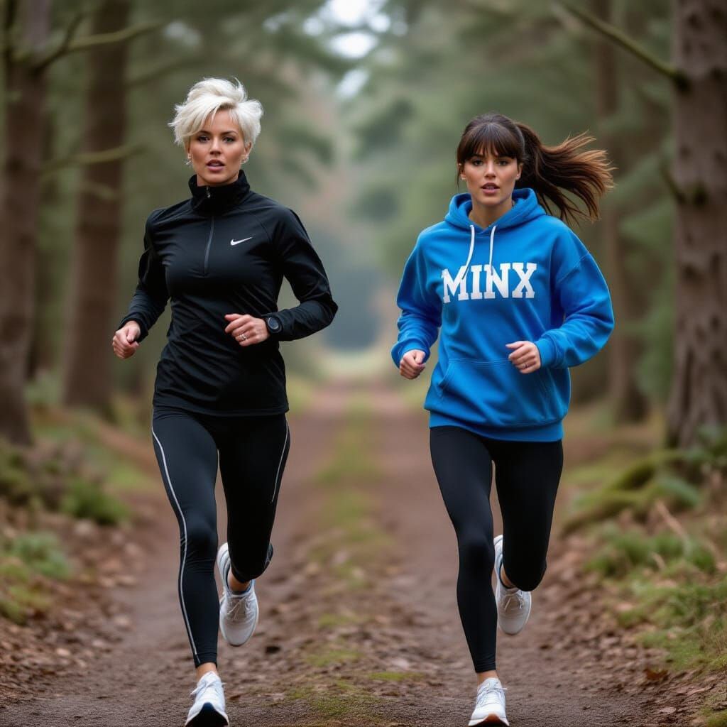 Women Running Through Wooded Landscape