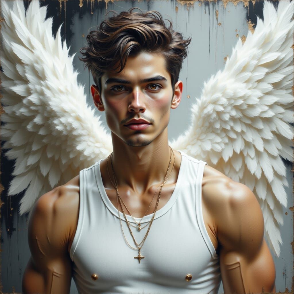 Ivory male muscular Angel wearing pure white vest ...
