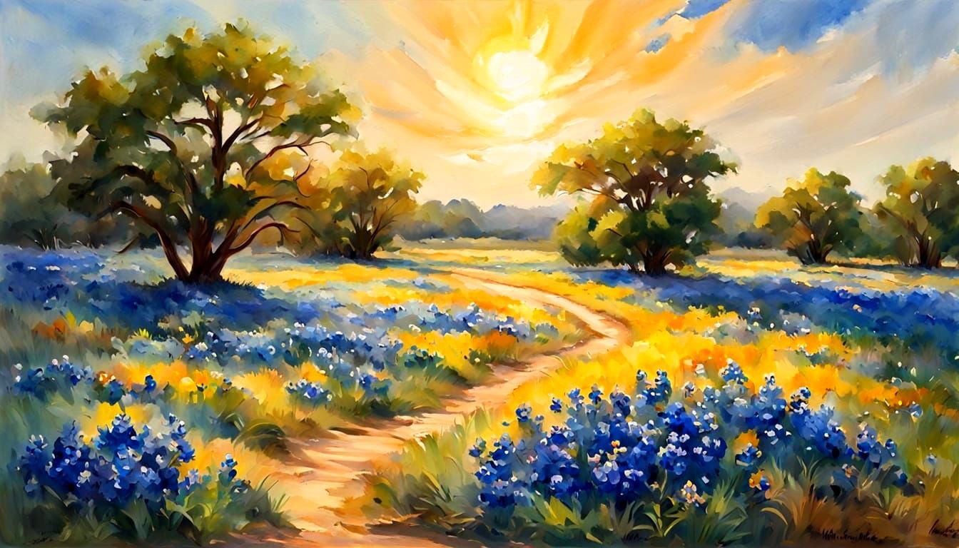 Texas bluebonnets in warm golden sunshine