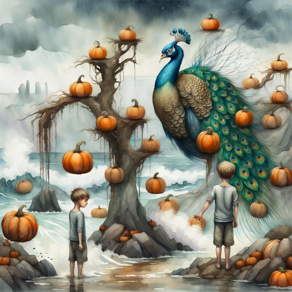 Rocky Island with Peacock and Children in Watercolor Style