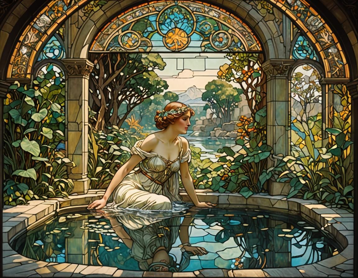Stained Glass Woman Bathing in Ancient Ruins