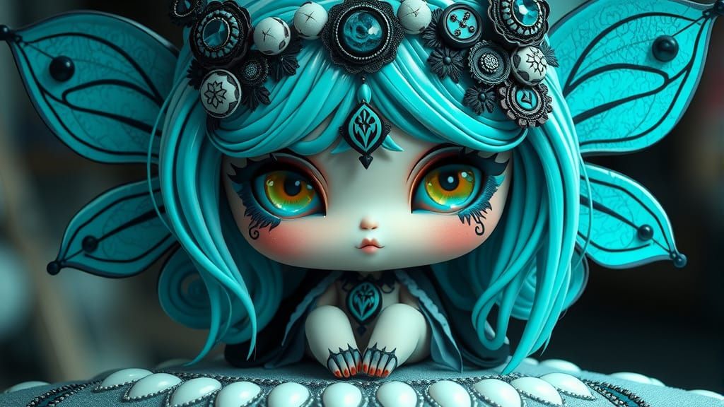 Turquoise Kawaii Fairy with Gothic-Hippie Style
