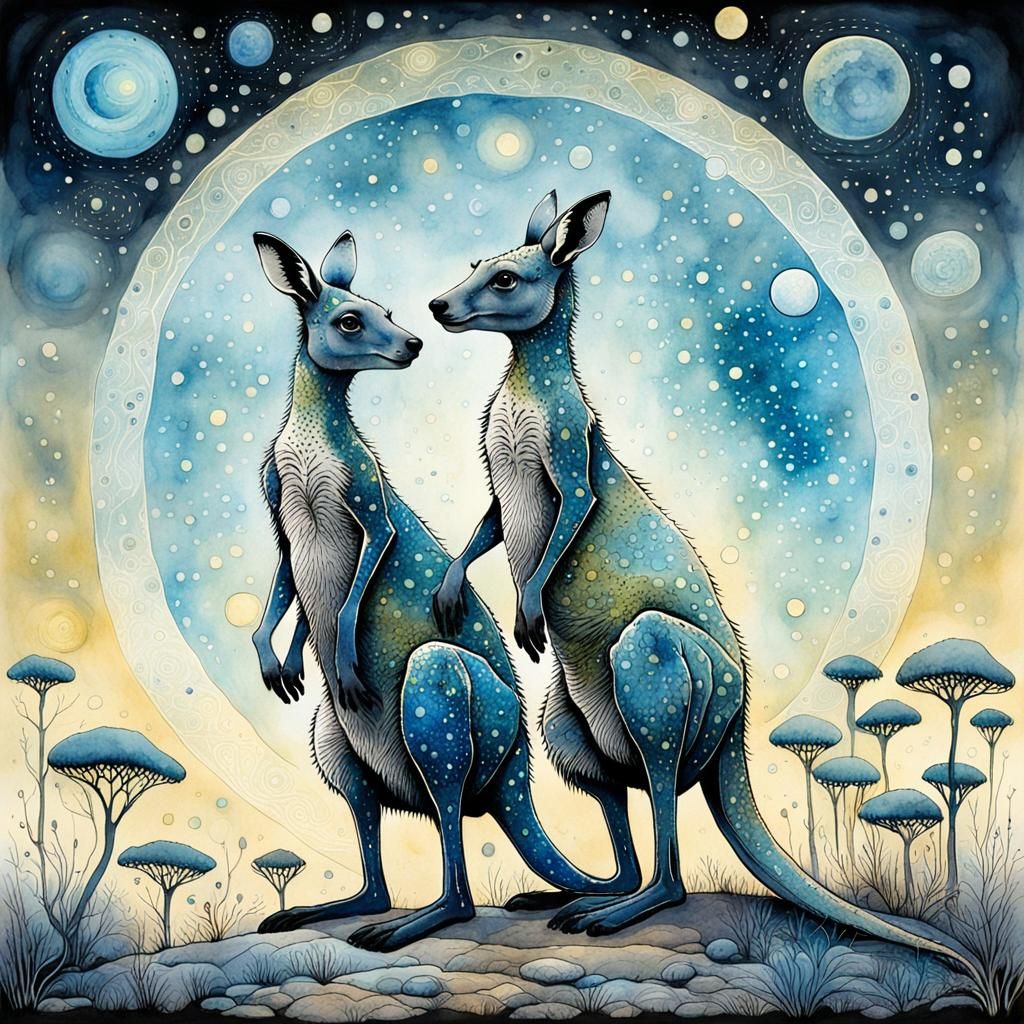 Whimsical Kangaroos in Surreal Bioluminescent Watercolour