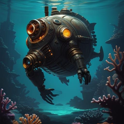 Steampunk Explorer in Alien Ocean, Vintage Oil Painting