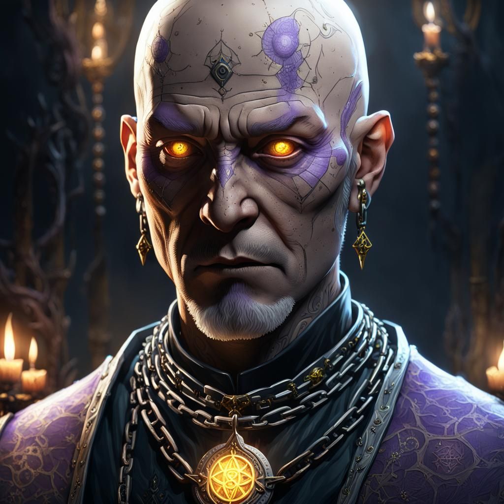 Cleric with Yellow Eyes and Chain Tattoos