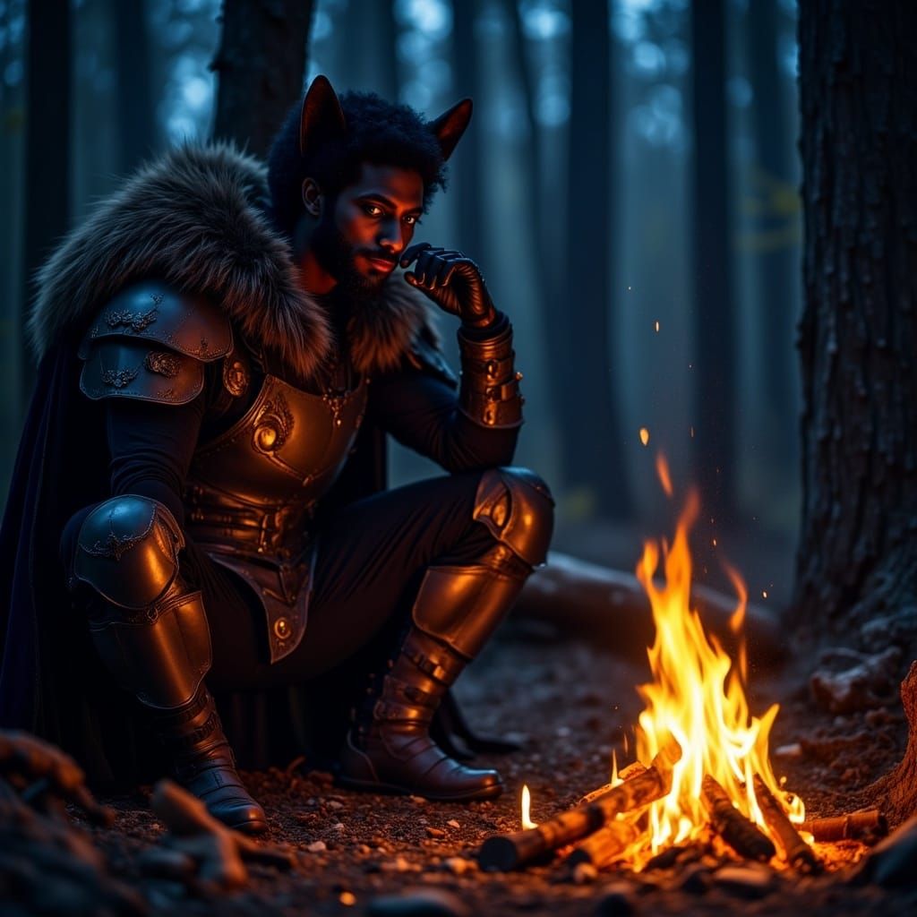 Battle Scarred Werecat Resting by Campfire in Gothic Style