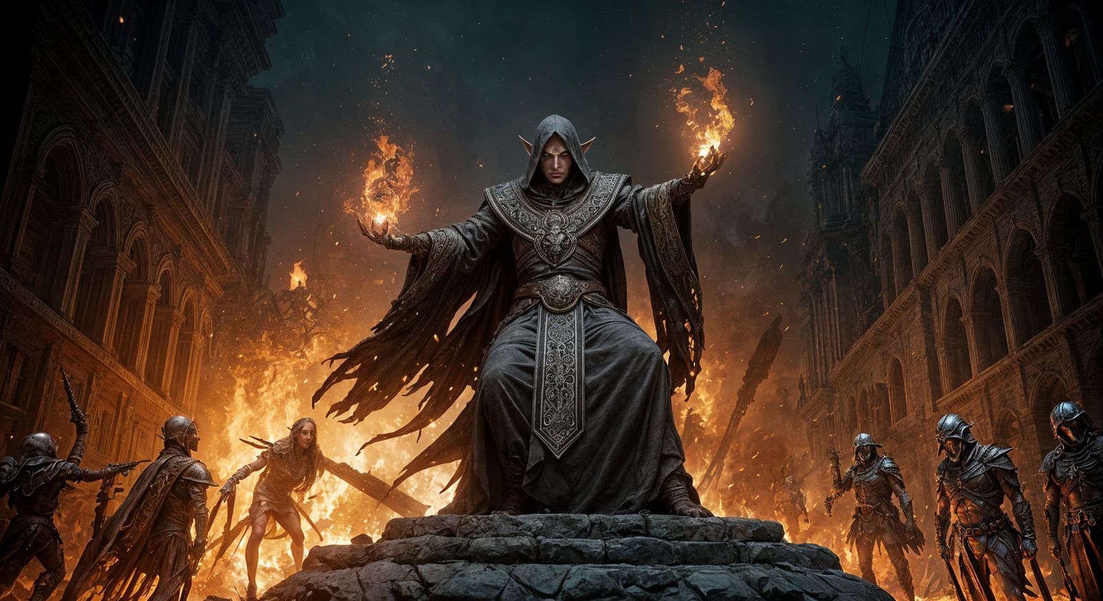 Elven Mage Raises Dead in Burning City