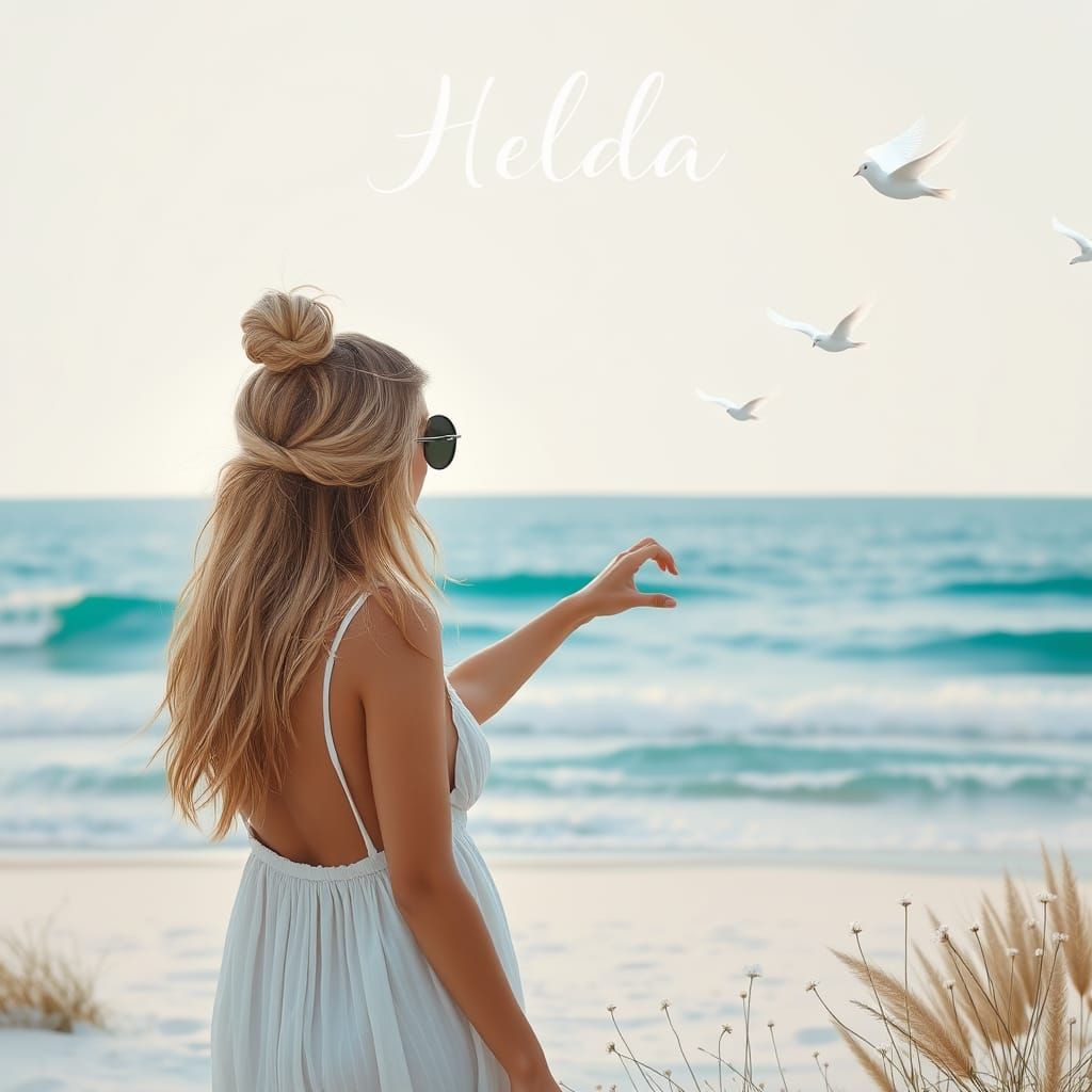 Hyperrealistic Beach Scene with Woman in Elegant, Cursive Le...