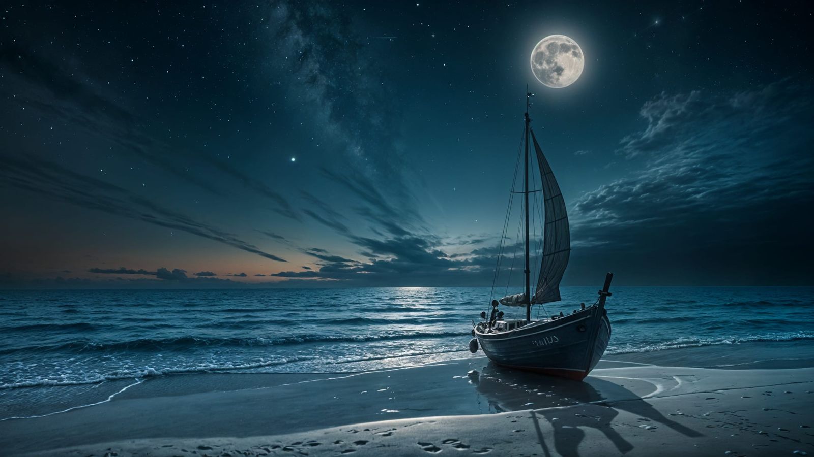 Lone Boat on Beach Under Starry Sky