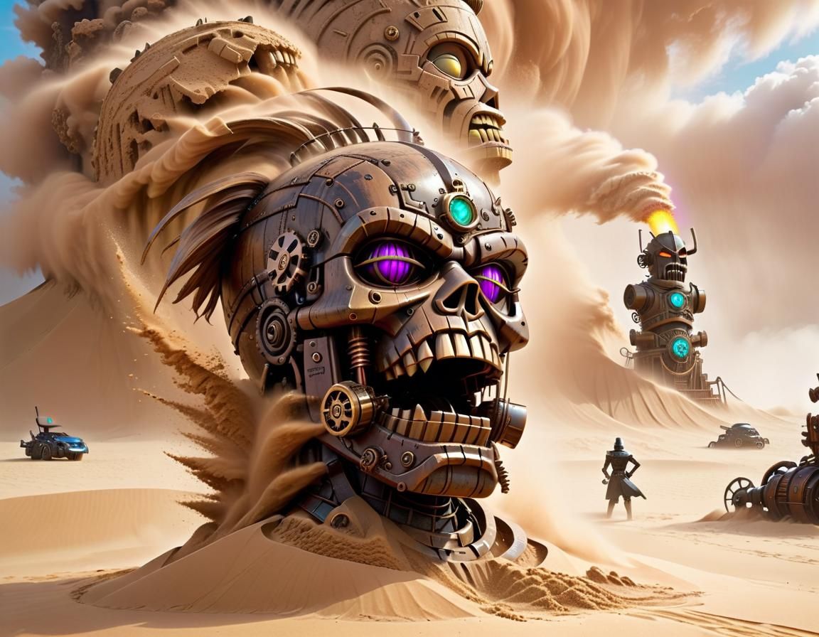 Steampunk Tiki Head Confronts Cyberpunk Knight