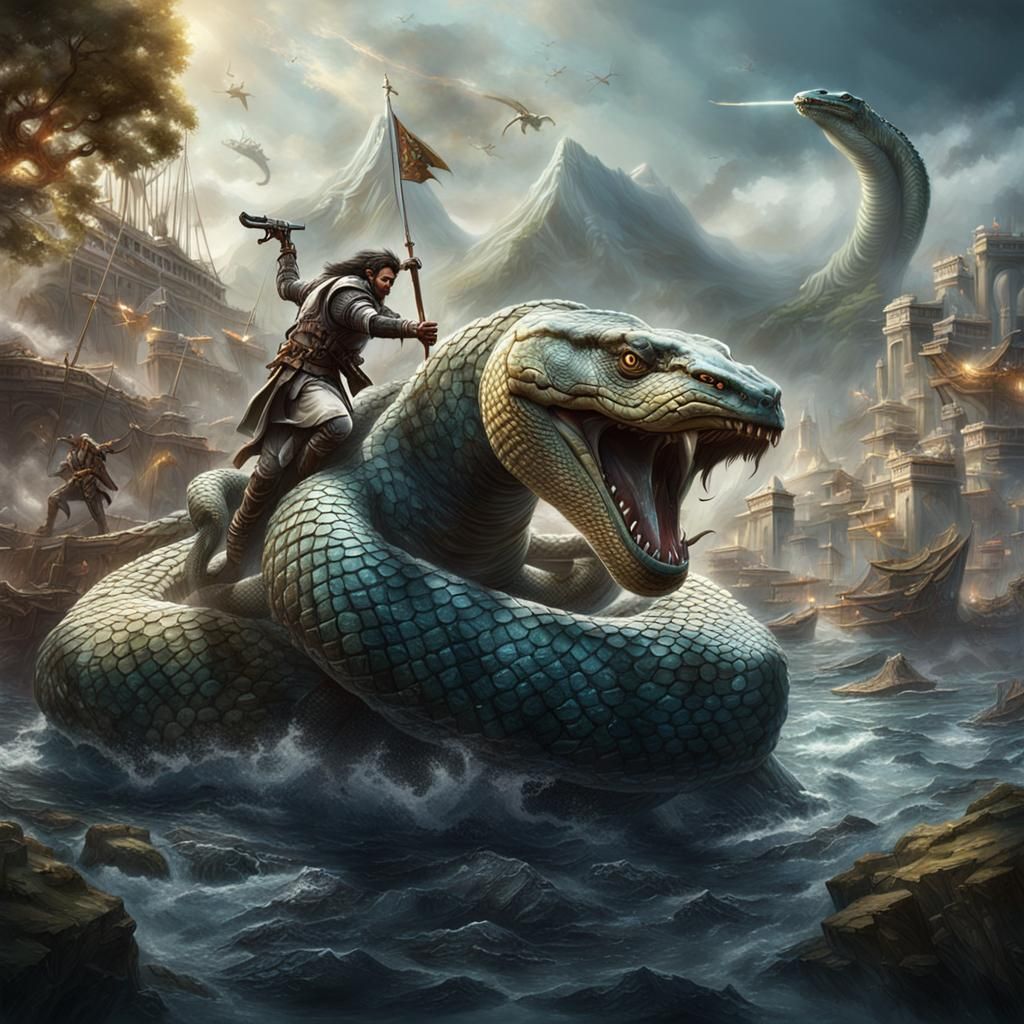 Warrior in White Armor Fighting Sea Serpent