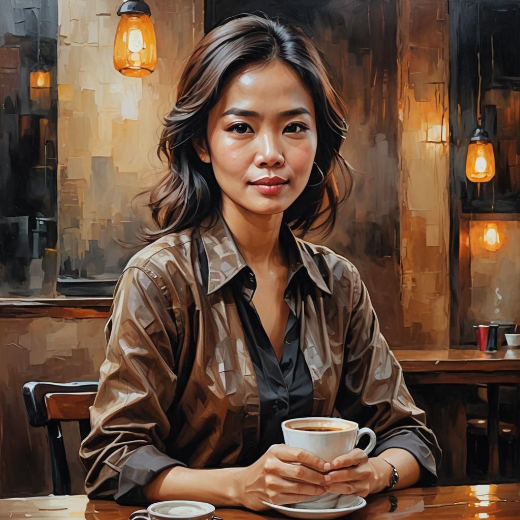 Beautiful Woman Drinking Coffee in Luxurious Cafe