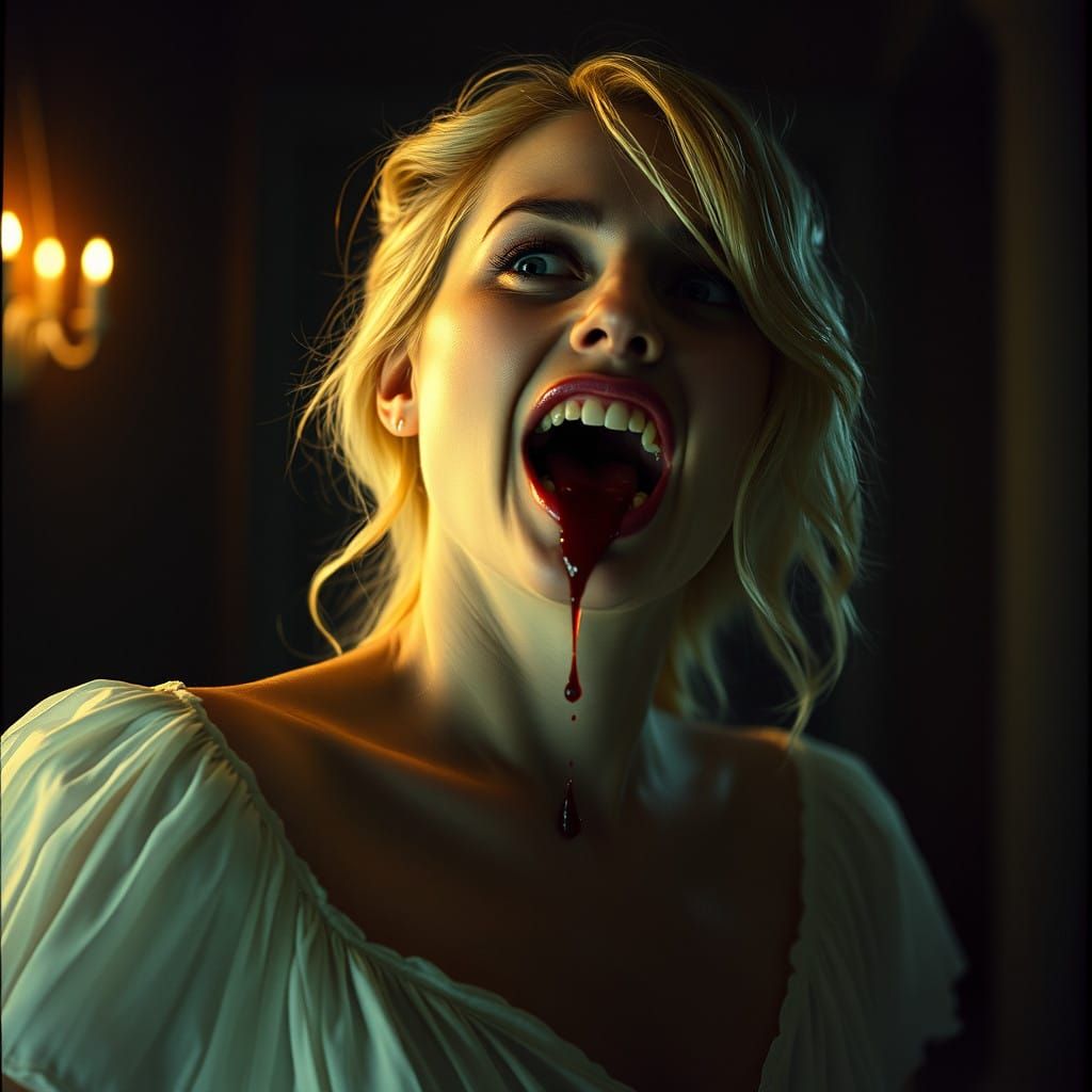 Ethereal Vampire Attacking a Blonde Woman in a Haunting 35mm...