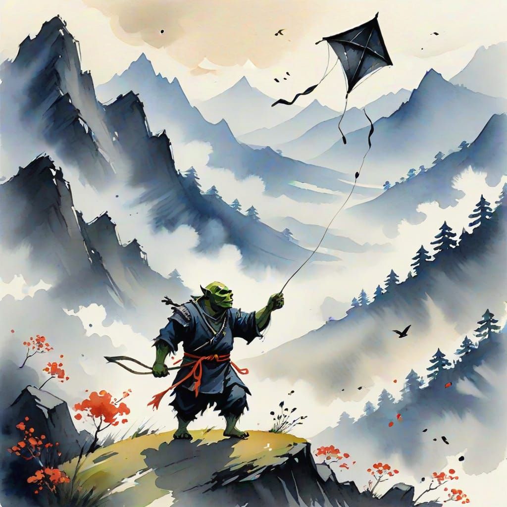 Orc Flies a Kite in Sumi-e Gouache Painting
