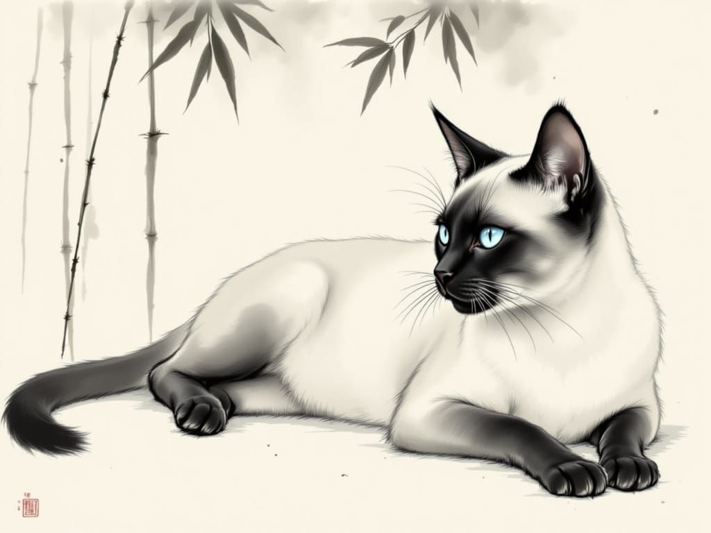 Siamese Cat in Traditional Chinese Ink Wash Painting
