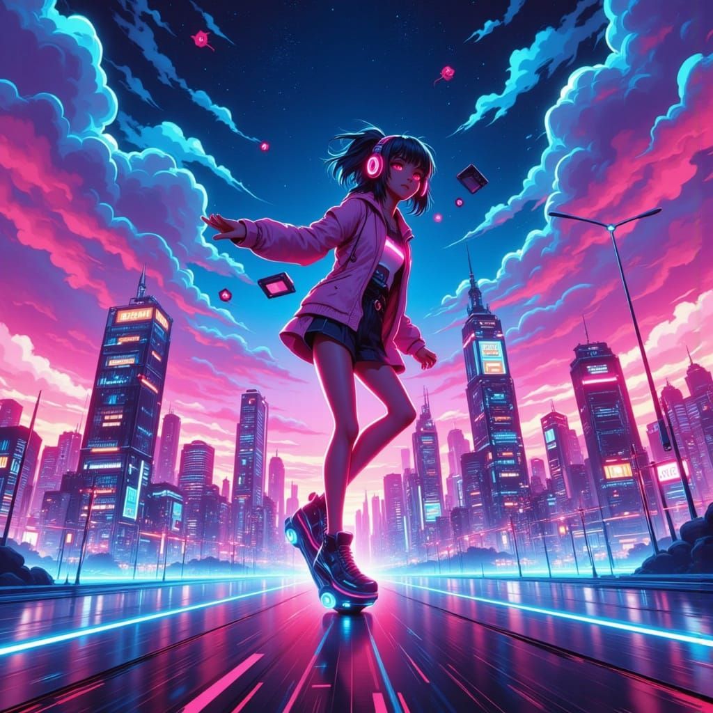 Retro-Futuristic Tokyo Hoverboard Ride in Anime Style