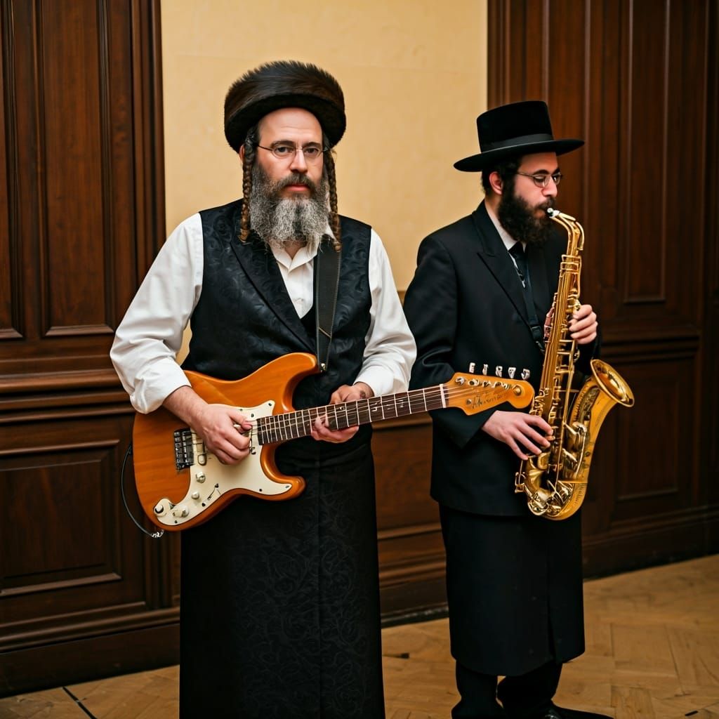 Hasidic Jewish Musicians with Guitar and Saxophone