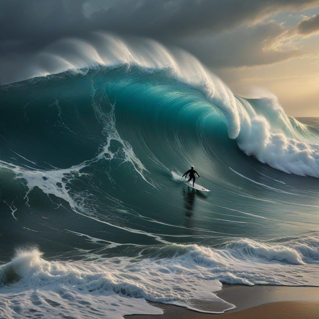 Surreal Surfing Scene in Dramatic Oil Painting Style