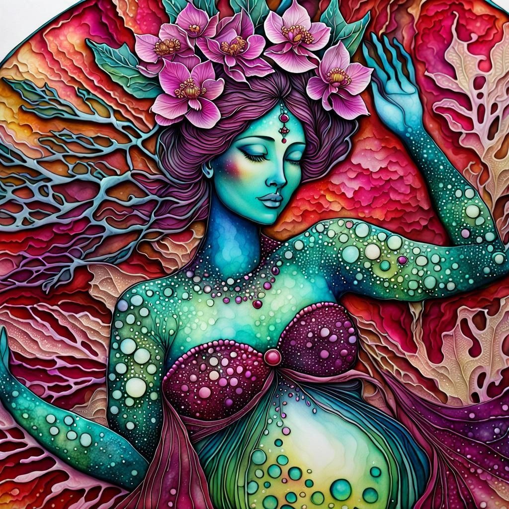 Ethereal Pregnant Tree Goddess in Steampunk Garden